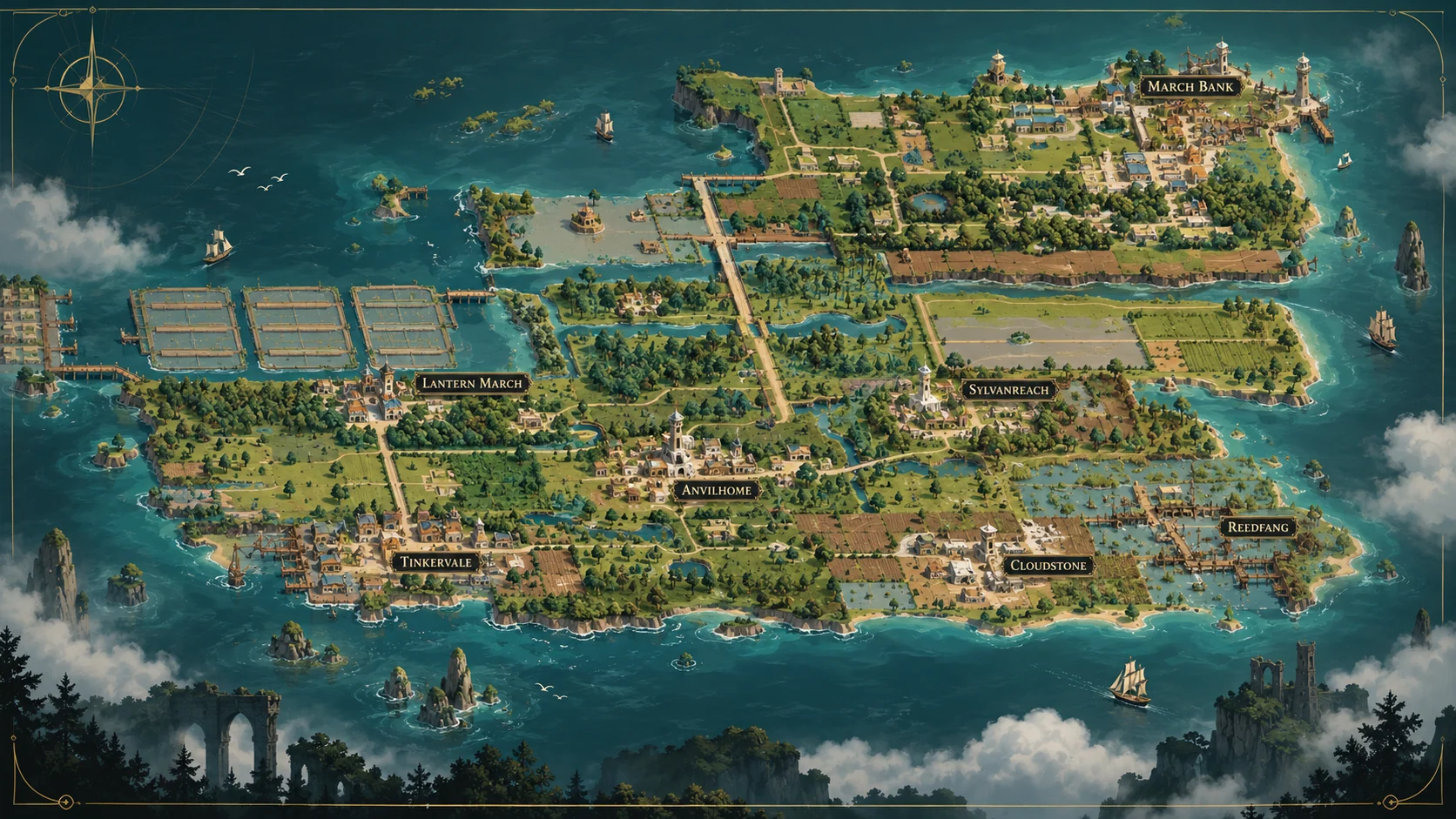 An illustrated overview of the lands, settlements, waterways and roads of Avashalon